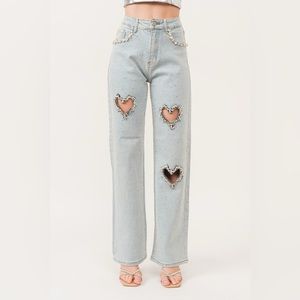 439. Heart Embellished Cut Out Jeans in Blue Denim